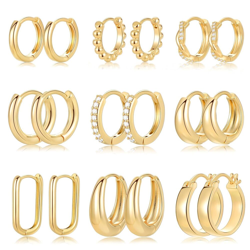 9 Pairs Small Gold/Silver Hoop Huggie Earrings Set for Women, 14K Gold Plated